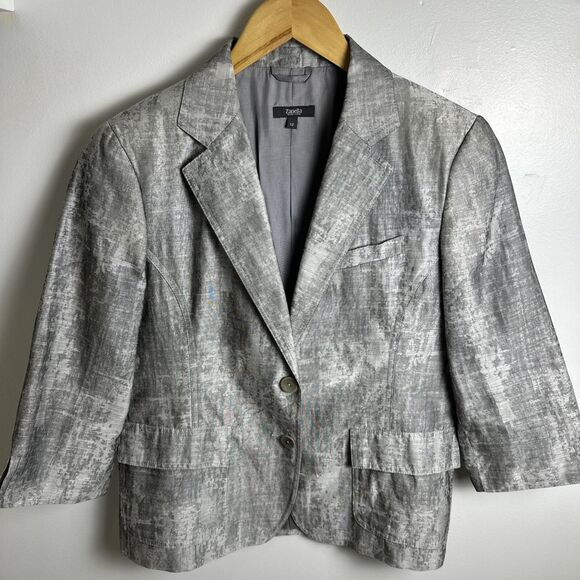 Vintage Zanella Two Button Silver Grey Blazer 3/4 Sleeve Made in Italy Size 12 - Picture 1 of 16
